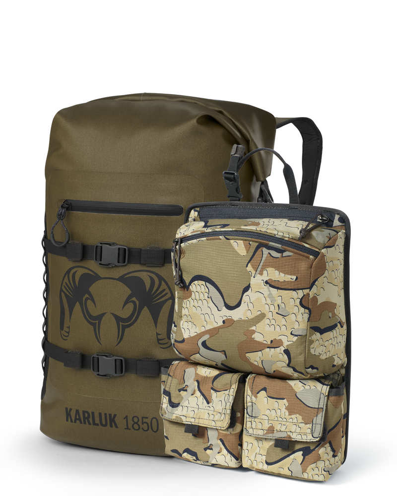 Set of Karluk 1850 Roll Top Dry Backpack in Coyote Brown and Welded Backpack Removable Organizer in Valo Camouflage