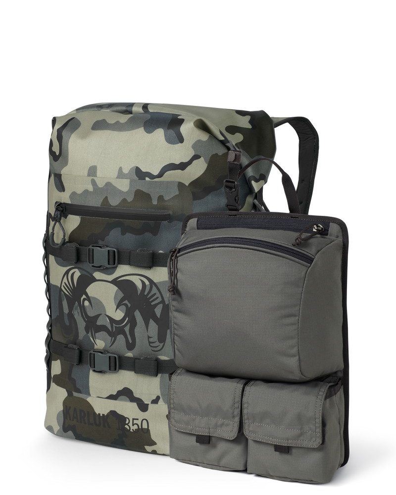 Set of Karluk 1850 Roll Top Dry Backpack in Vias Camouflage and Welded Backpack Removable Organizer in Stone Grey