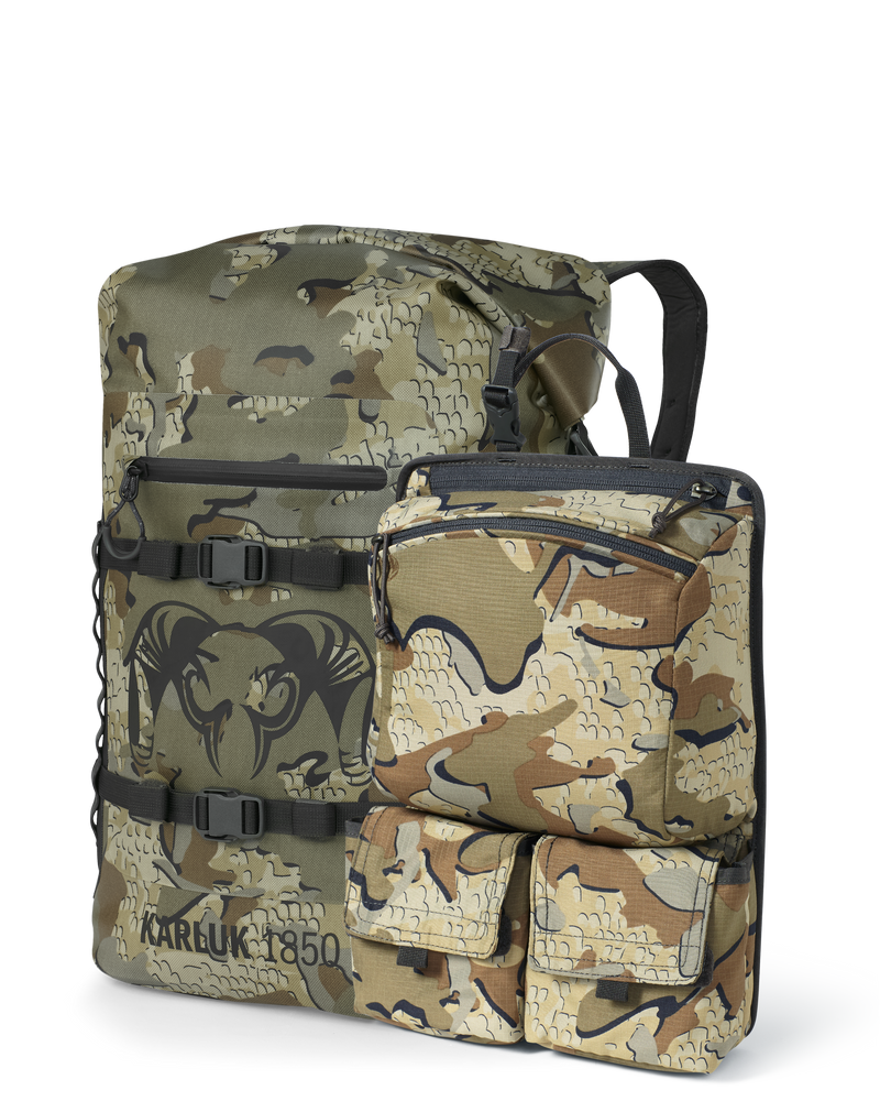 Set of Karluk 1850 Roll Top Dry Backpack in Valo Camouflage and Welded Backpack Removable Organizer in Valo Camouflage