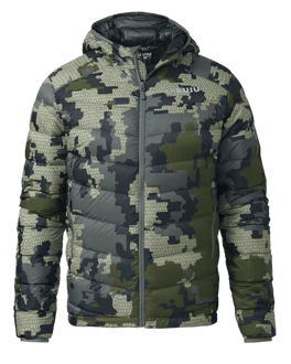 Front of Super Down LT Hooded Jacket in Verde Camouflage