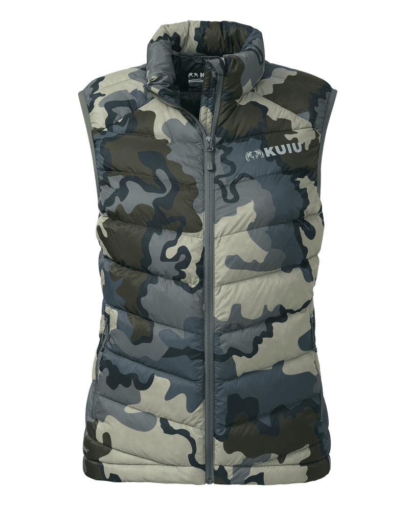 Front of Women's Super Down LT Vest in Vias Camouflage