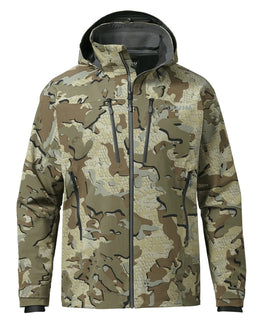 Front of a KUIU Yukon TR Rain Jacket in Valo Camouflage.