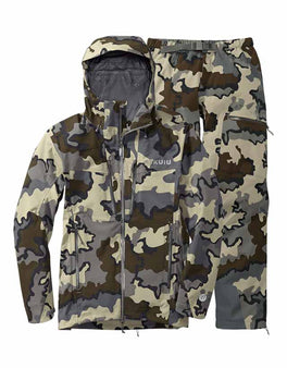 Front of Kutana Storm Shell Jacket and Pants in Vias Camouflage