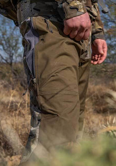 Front, Detailed View of Pro Brush Pants in Valo Camouflage Highlighting Reinforced Primeflex High Density Double Weave Panels