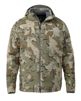 Front of KUIU's Super Down Haven Jacket in Valo Camouflage.