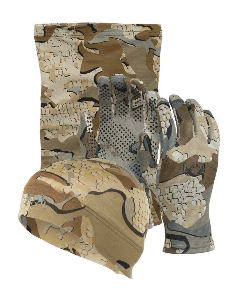 Image for the ULTRA Merino Stay Warm Set items in Valo Camouflage which in include an ULTRA Merino 145 Beanie, ULTRA Merino 145 Neck Gaiter, and ULTRA Merino 210 Gloves