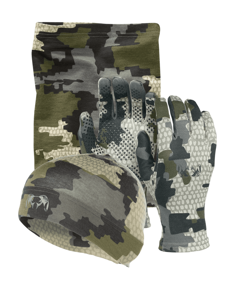 Image for the ULTRA Merino Stay Warm Set items in Verde Camouflage which in include an ULTRA Merino 145 Beanie, ULTRA Merino 145 Neck Gaiter, and ULTRA Merino 210 Gloves