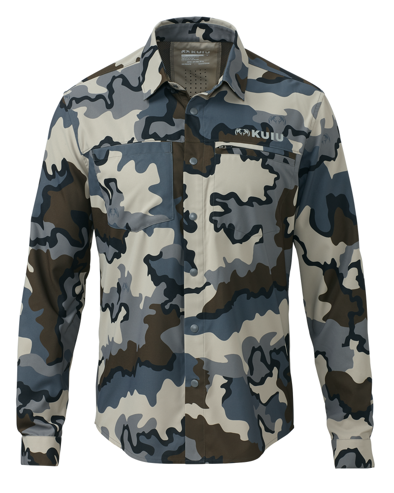 Front of Mesa Vented Long Sleeve Snap Shirt in Vias Camouflage