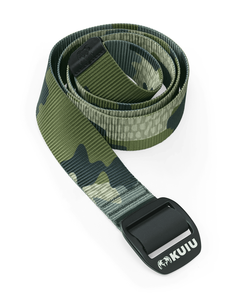 Front of Camo Webbing Belt in Verde Camouflage Coiled Up